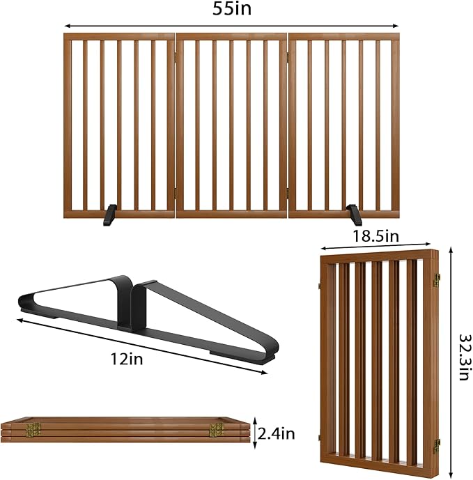 Dog Gate 32" Tall Foldable Dog Gate for Doorways Freestanding Pet Gate for Dogs Indoor (Walnut, 3 Panel)