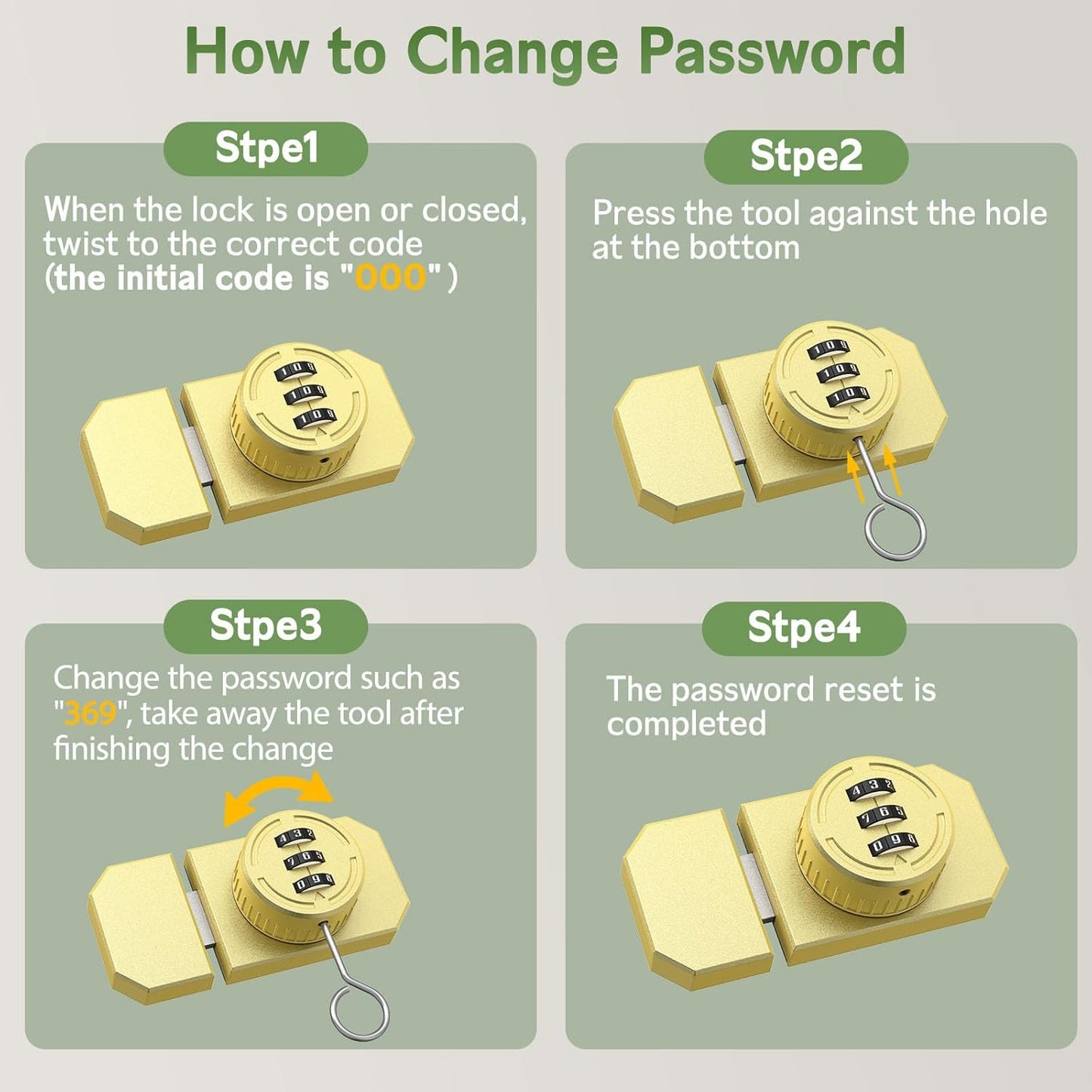 Keyless 3-Digit Combination Lock, Mechanical Stick-on Drawer Latch, Security Adhesive Cabinet Lock for Closet & Barn One-Way Doors (1, Gold)