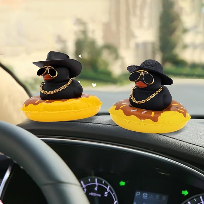 wonuu 2Pcs Car Dashboard Decorations Color Ducks, Rubber Duck for Car Ornament Accessories with Mini Hat Sunglasses Necklace and Swim Ring, A_Black Duck+Black Cowboy&Black Sun Hat