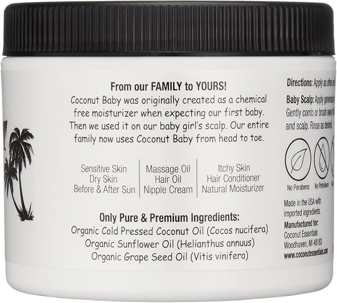 Coconut Essentials COCONUT BABY Oil, Natural & Organic Moisturizer for Newborn Sensitive Skin, Eczema & Psoriasis Relief, Hair Oil for Cradle Cap Treatment, Unscented, Sunflower & Grape Seed 8 fl oz