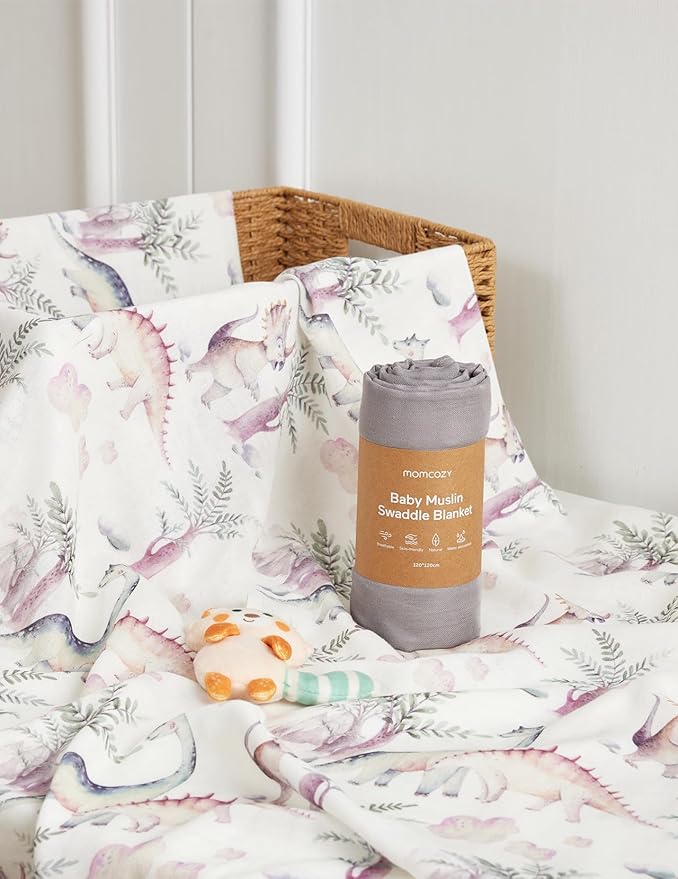 Momcozy Muslin Swaddle Blankets, Ultra Soft Neutral Registry Essentials, Jungle Dinosaur, Breathable Large 47'' x 47'' Newborn Boys Girls Receiving Blanket