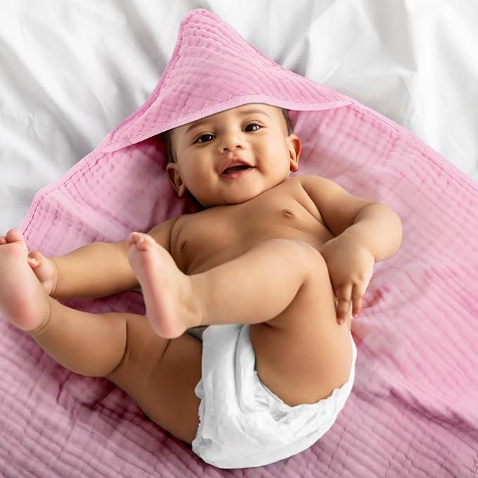 VitalCozy 6 Pcs Baby Muslin Hooded Bath Towels and Washcloths, 32 x 32 Inch Muslin Cotton Hooded Baby Towels Absorbent Hooded Blankets for Gift Newborn Infant Shower (Rose Red,Pink)