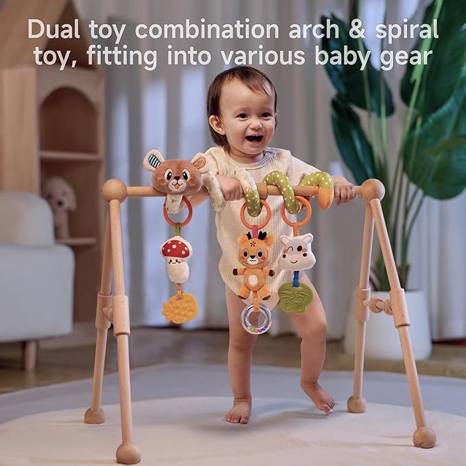 TUMAMA Baby Activity Arch with Bear Spiral Toy, Clips Adjustable and Detachable Sensory Stimulating Hanging Toys Baby Toys 0-3 3-6 Months, Newborn Strollers Bassinets Crib Carseat Toy