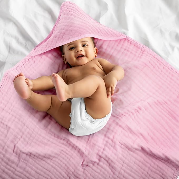 VitalCozy 6 Pcs Baby Muslin Hooded Bath Towels and Washcloths, 32 x 32 Inch Cotton Absorbent Blankets for Newborn Infant Shower Gift (Pink, Orange)