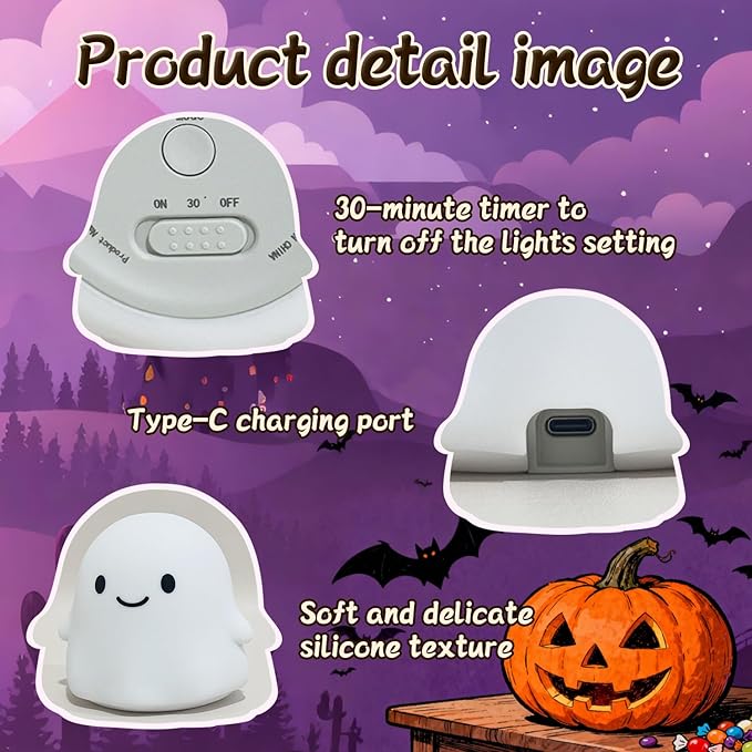 Ghost Night Light, Cute Ghost Decor Light Up Ghost Lamp - Color Changing Durable Kid-Safe Silicone, Long-Lasting Battery, USB Touch Control, Kids Halloween Gifts, Indoor Halloween Decor