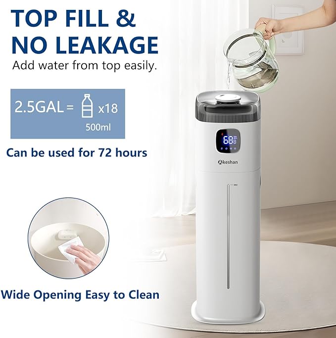 Large Humidifiers for Bedroom, 9L/2.5Gal Ultrasonic Cool Mist, Easy Clean Humidifier with 350ML/H Large Mist Speed, Quiet, Suitable for Kids Room Plant Yoga (Square B)