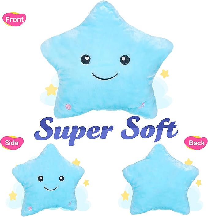 WEWILL 13'' Creative Twinkle Star Light up Night LED Plush Pillows Stuffed Animal Toys Birthday Valentines for Toddlers Girls(Blue)