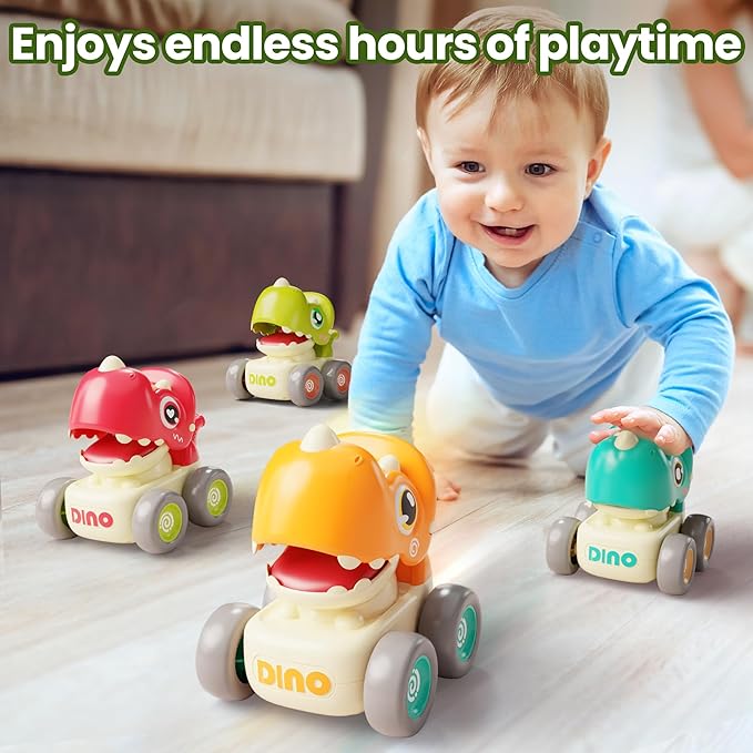 iPlay, iLearn Dinosaur Press to Go Car Toys for Toddlers 1-3, Baby Dinos Racing Cars, Infant Play Whistle Vehicle Set, Push Go Friction Car for 6-9-12-18 Month, 1-2 Years Old Boys 1st Birthday Gift