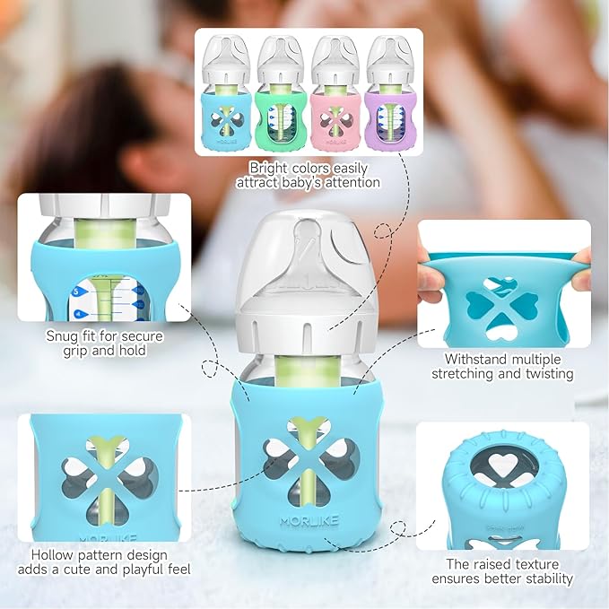 MORLIKE 4 Pack Silicone Sleeves Only Fit 5 oz/150 mL Dr. Brown's Wide Neck Glass Baby Bottle, 100% Silicone Covers Protect Baby Glass Bottle, Easy to Grip Bottle Holders for WB53700-WEB WB51700-P4