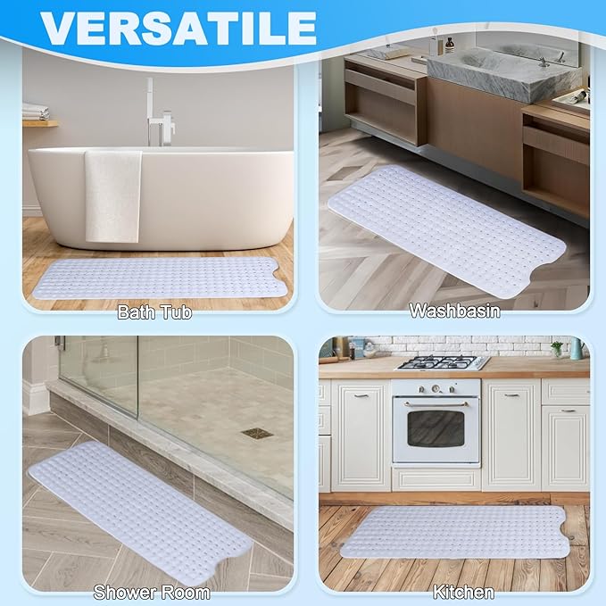 Linoows Bathtub and Shower Mats, 40x16 Inch Extra Large Non Slip Soft Bath Tub Mat with Suction Cups and Drain Holes for Bathroom Floor and Keep Tubs Clean, Machine Washable, White