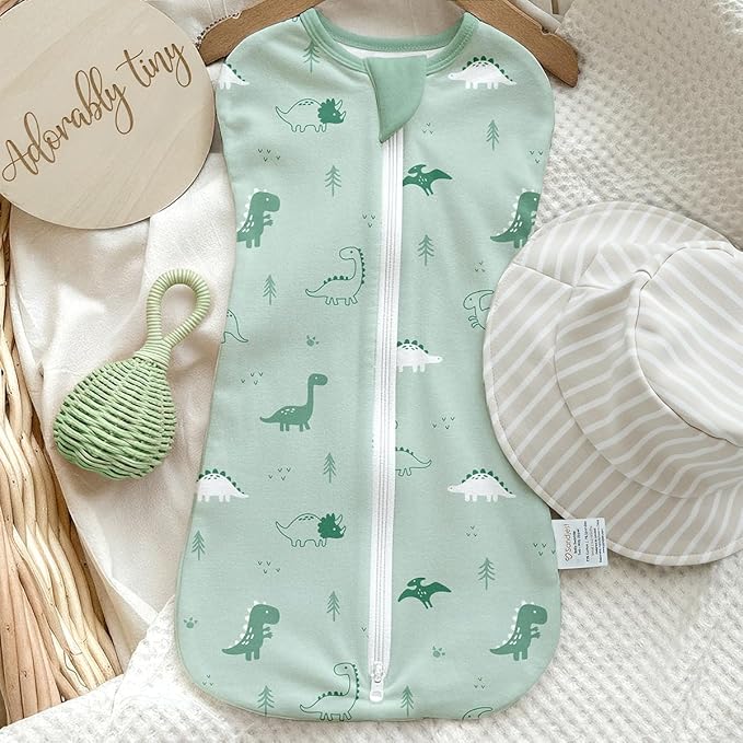 Baby Swaddle 0-2 Months, Cotton Arm-In Zipper Sleep Sack, Wearable Blankets Wrap for Newborn Infant Boys (Dinosaur, Stripe, Pack of 2)