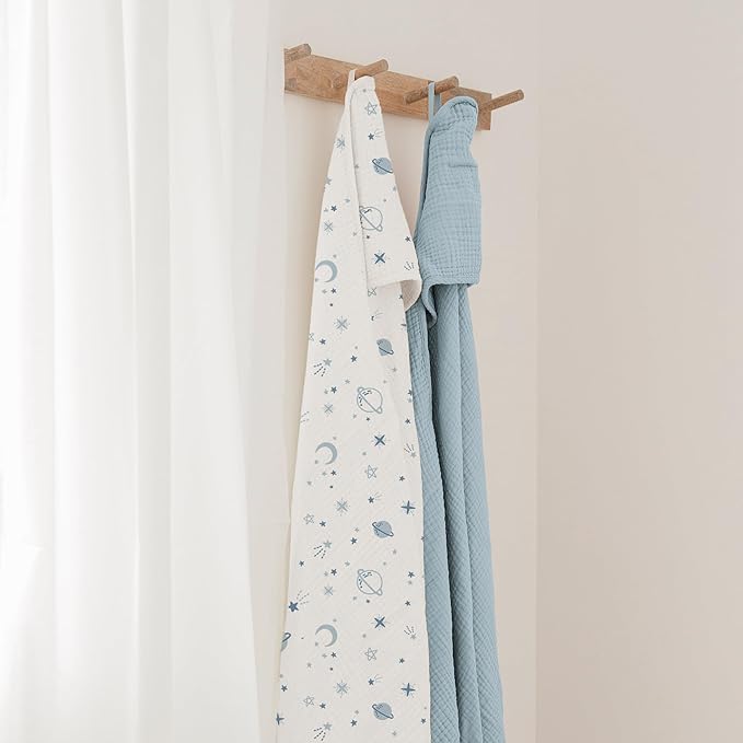 Konssy 2-Pack Muslin Hooded Baby Towels, 100% Cotton, Ultra-Soft & Absorbent Baby Bath Towels with Hood for Newborn & Infant (Blue, Star,32" x 32")