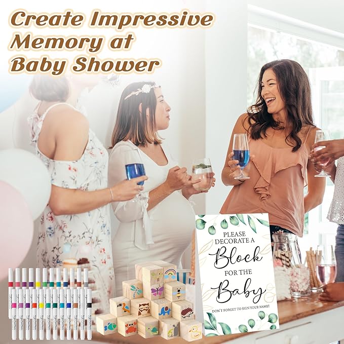 117 Pcs Baby Shower Blocks to Decorate Game Kit Includes 52 Wooden Blocks 24 Markers 1 Game Sign 40 Templates to Paint (Leaf)