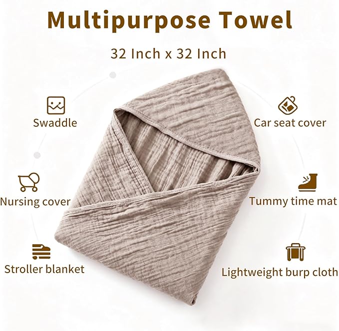 Organic Muslin Hooded Baby Bath Towels - 2 Pack 100% Organic Cotton Towel for Babies, Infants, Toddlers - 32x32Inch - Highly Absorbent and Newborn Essential(Brown Grey)