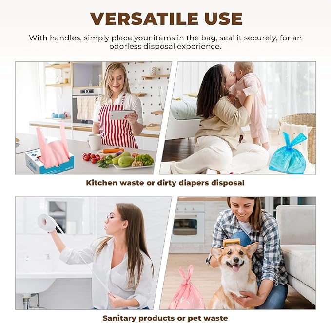 Odor Sealing Disposable Diaper Bags with Tie Handle, 100 count, Large Capacity, Unscented & Durable Diaper Trash Bags for Home & Baby Travel Use (Color:Pink)