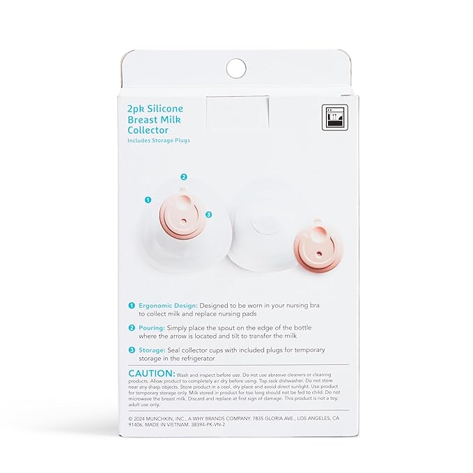 Munchkin Breast Milk Collector Cups with Storage Plug, Food Grade Silicone, BPA Free, 1.5 Ounces Each - Discreet & Comfortable, Leak Free, Breastfeeding Essential for Postpartum Moms, 2 Pack