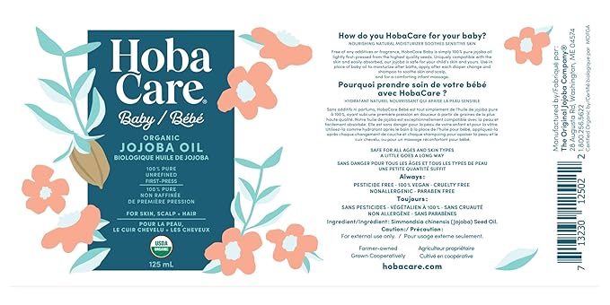 HobaCare Organic Jojoba Baby Oil with Pump – 100% Pure Natural Unrefined Unscented Cold Pressed Jojoba Oil for Baby Hair, Infant Skin, Body Care (4.22 oz)