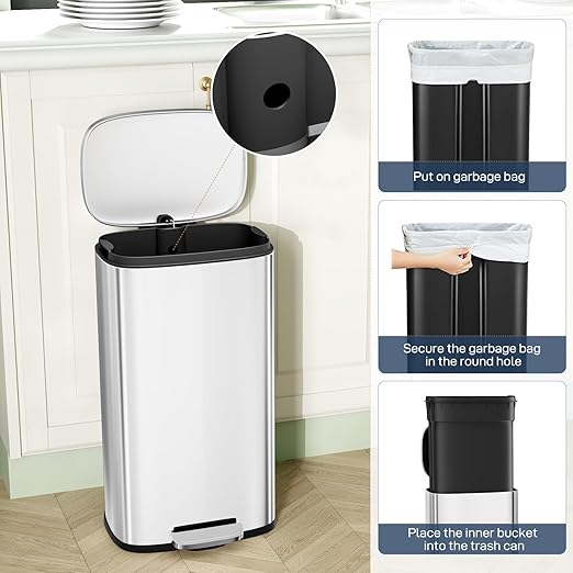 Arlopu 8 Gallon Step Trash Can, Stainless Steel Garbage Bin, Soft-Close Rubbish Bin with Removable Plastic Inner Bucket, Fingerprint-Proof, Lid Dustbin, Suit for Kitchen Home (Silver, 30L)