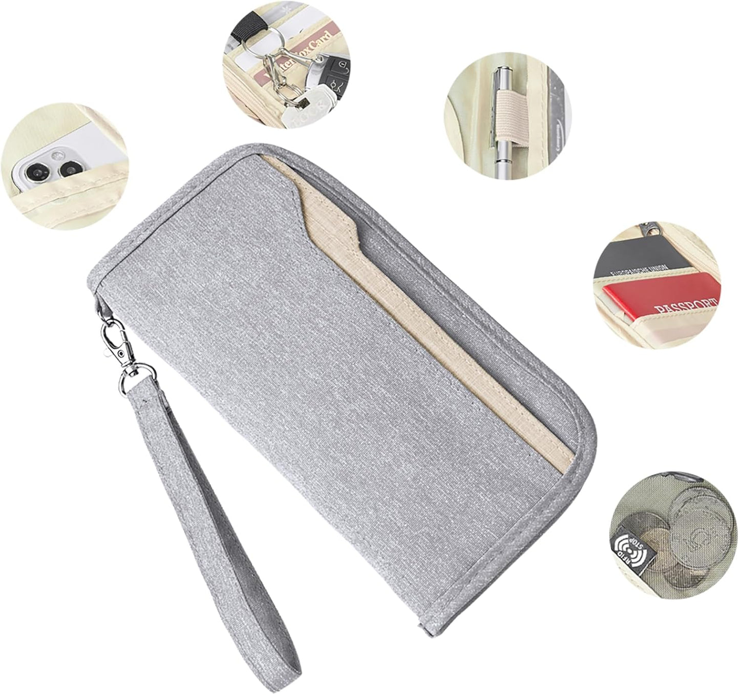 ZOPPEN Passport Holder Family RFID Passport Wallet, Passport Holder Women/Men, Travel Wallet Documents Organizer Zipper Case with Removable Wristlet Strap, Travel Essentials for Flying