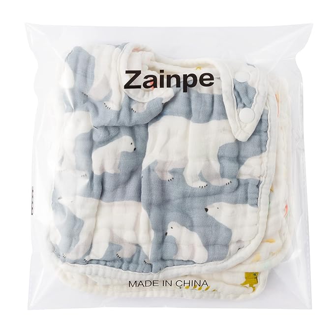 Zainpe 6Pcs Snap Muslin Cotton Bibs for Baby Bear Fox Deer Dog Bib Adjustable Machine Washable Burp Cloths with 6 Absorbent Soft Layers for Unisex Infant Newborn Toddler Drooling Feeding Teething