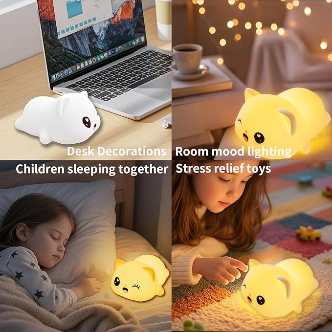 Colorful Life Cat Night Light for Kids, Silicone Tap Control LED Bedside Lamp, Soft Touch Sensor Kitty Light for Baby Girls Boys, USB Rechargeable Nightlight(Light up When patted)