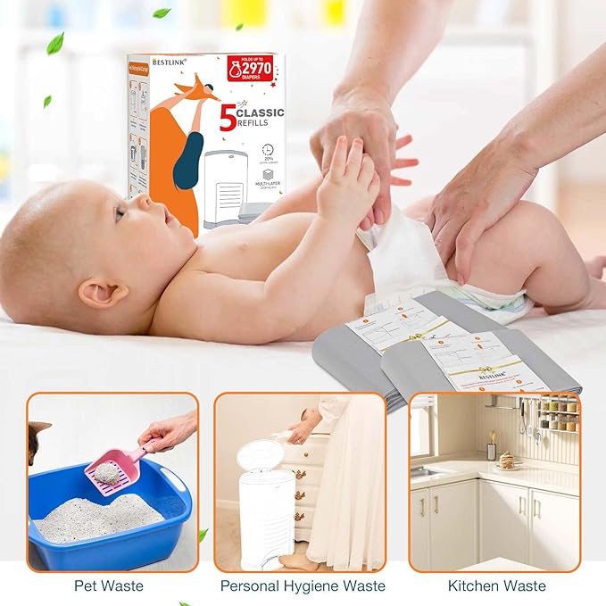 5 Pack Refills Compatible with DEKOR MINI Diaper Pails | 20% Extra Length Diaper Pail Refill Bags Liners Holds 1920 Diapers | Ultimate Odor Control with Baby Scented