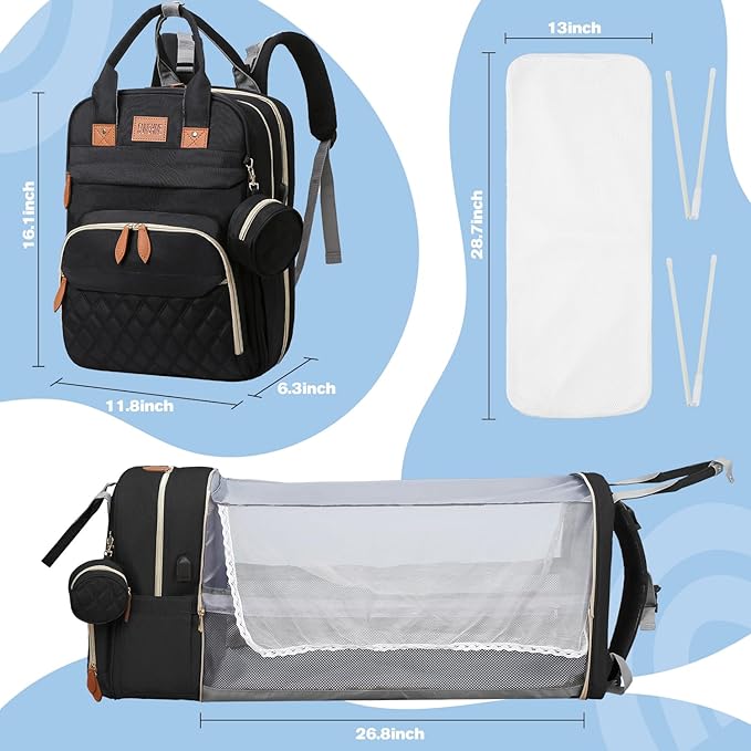 Diaper Bag Backpack, Large Diaper Bag with Changing Station, Baby Bag, New Mom Gifts, Lightweight Waterproof Unisex Diaper Bag with Insulated Pockets and USB Charging Port, Black