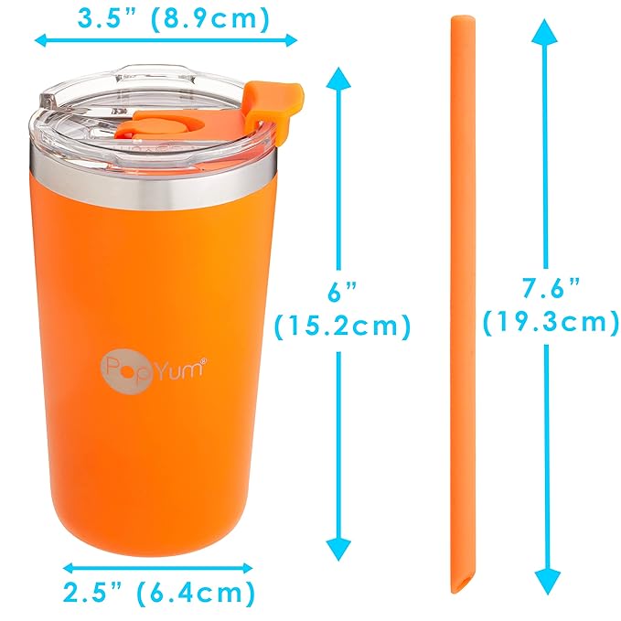 PopYum 13oz Insulated Stainless Steel Kids’ Cups with Lid and Straw, 2-Pack, Orange, Blue, stackable, sippy, baby, child, toddler, tumbler, double wall, vacuum, leak proof