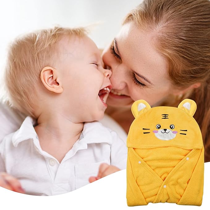 ROMASA Toddler Hooded Bath Towel Ultra Soft Towel Highly Absorbent Bathrobe Blanket for Boys Girls- 27.5" x 55" (Yellow-Tiger)