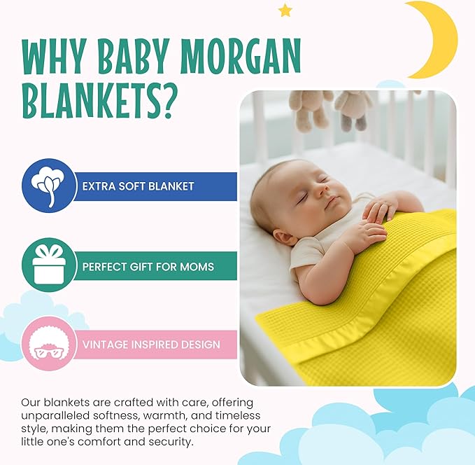 Blankets - Thermal Waffle Warm Baby Blanket for Crib - Soft and Cozy Baby Crib Blanket for Nursery, Stroller, or Naptime Comfort - Ideal Shower Gift - Yellow, Satin Trim (36" x 50")