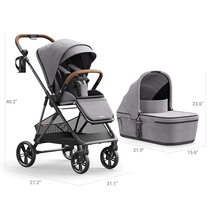 MAMAZING Air Lux Baby Stroller with Bassinet & Infant Car Seat Adapter, Lightweight Compact Carbon Fiber Frame, One-Hand Fold, Reversible Seat, Space-Saving Storage