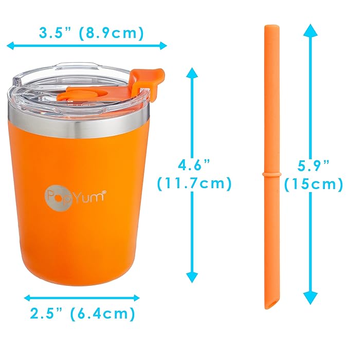 PopYum 9oz Insulated Stainless Steel Kids’ Cups with Lid and Straw, 2-Pack, Orange, Blue, stackable, sippy, baby, child, toddler, tumbler, double wall, vacuum, leak proof