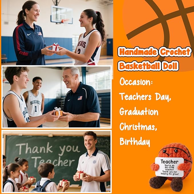 Teacher Appreciation Gifts from Student, Handmade Crochet Basketball Decor, Thank You Presents for Coach Mentor, Best Teacher Ever Birthday, End of Year Classroom Decor