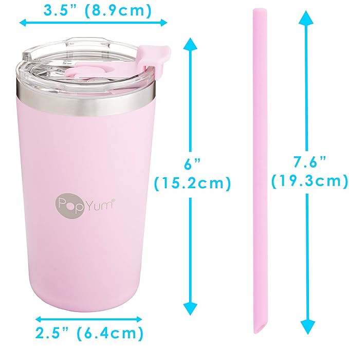PopYum 13oz Insulated Stainless Steel Kids’ Cups with Lid and Straw, 2-Pack, Green, Pink, stackable, sippy, baby, child, toddler, tumbler, double wall, vacuum, leak proof