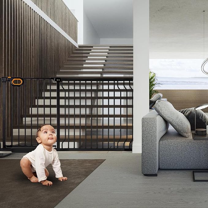 owlie Baby Gate Indoor 75-85 Inch, Extra Wide Safety Gate for Dogs Large Stairway Gate Adjustable Baby Gates Pressure Mount Wide Gate for Pet Stairway Doorway No Drilling Black (30.5'' Tall)