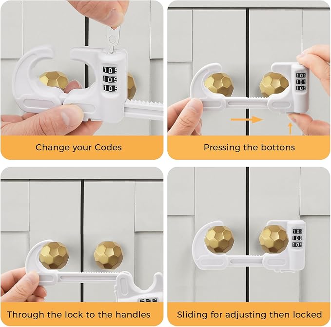 4 Pack Cabinet Locks with Combination Baby Proof Cabinet Door Lock Multifunctional Adjustable Child Safety Lock Knobs Door Lock for Home Refrigerator Doors Cabinet Knobs Double-Door Cabinet (White)