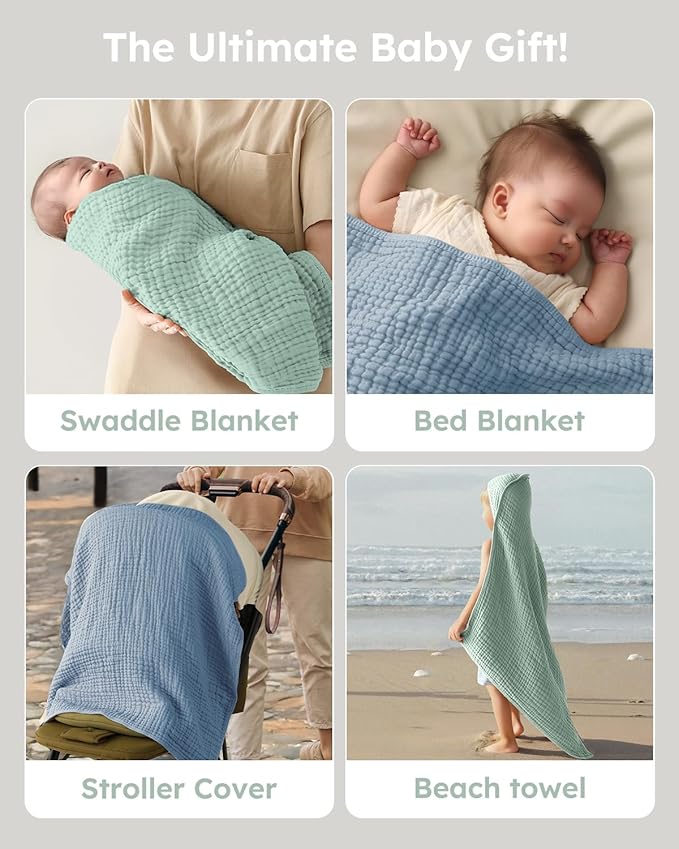 Yoofoss Hooded Baby Towels for Newborn 2 Pack 100% Muslin Organic Cotton Baby Bath Towel with Hood for Babies, Infant, Toddler and Kids, 37.5“x37.5“, Soft and Absorbent Newborn Essential,Blue&Green