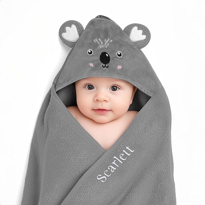 Personalized Baby Towels for Newborn Custom Embroidery Name Hooded Baby Bath Towels for Boy Girl Newborn Essentials Must Haves Shower Gift Soft Coral Velvet 30"x30" (Gray)