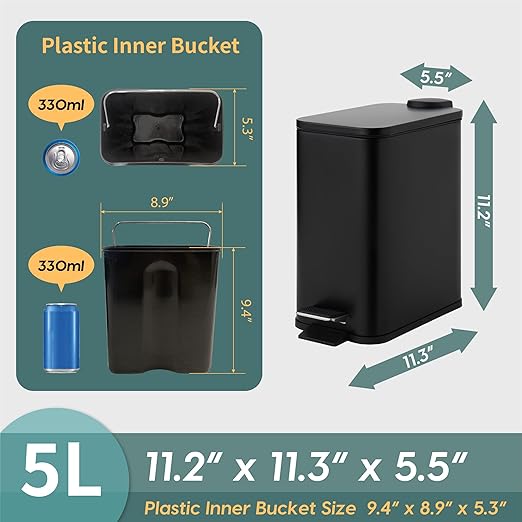 SunnyPoint 5 Liter(1.32 Gallon) Small Trash Can with Plastic Inner Buckets; Rectangle Bathroom, Office, Kitchen, and Bedroom Step On and Slow Close