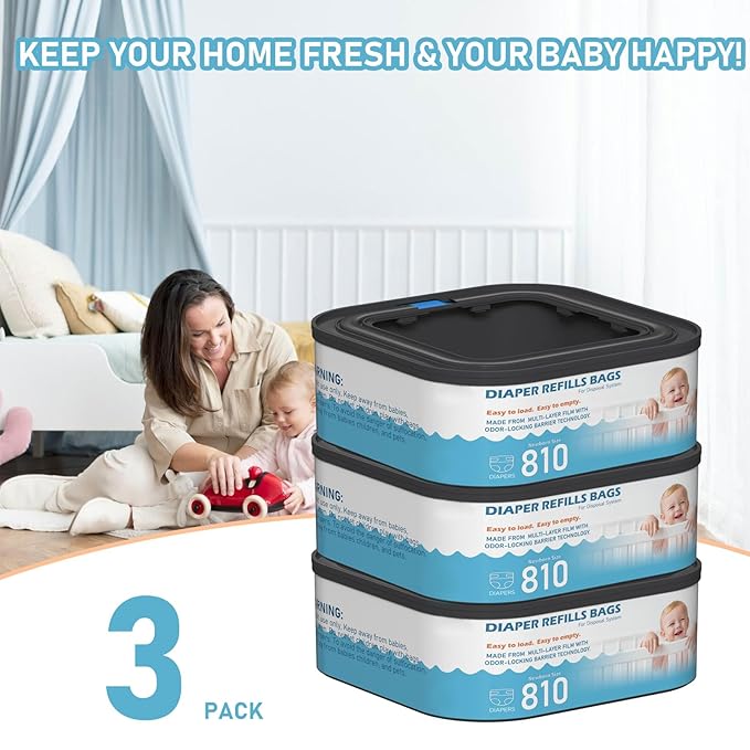Jumbo Square Refills Disposal Bags Refill Compatible with Diaper Genie Classic, Compact and Select Pails, Hold Up to 810 Newborn-Sized Diapers Per Refill, Pack of 3