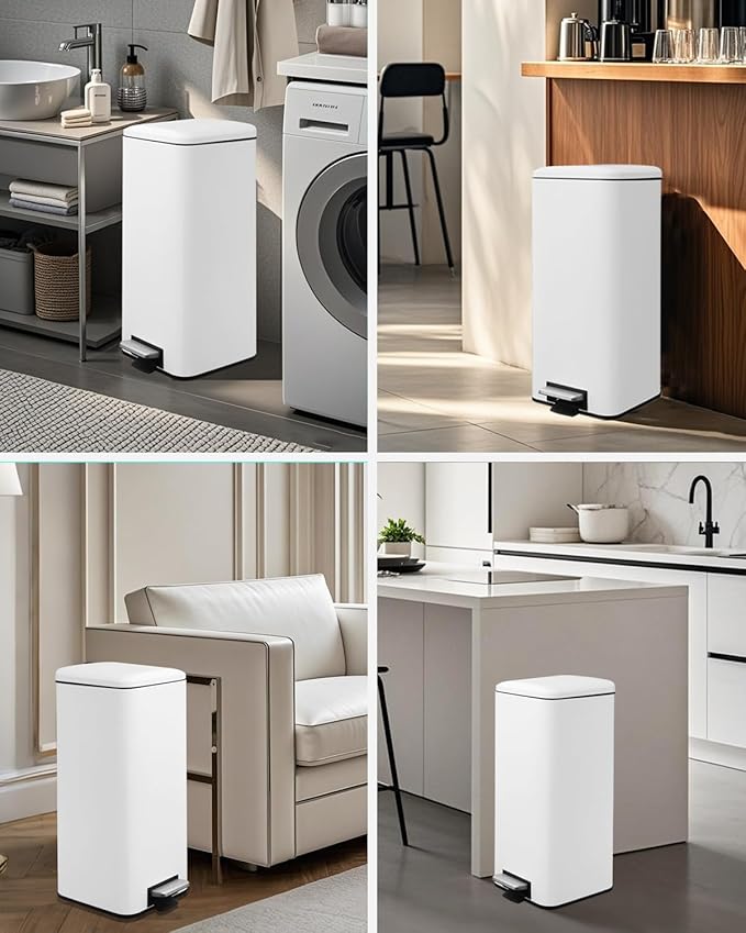 8 Gallon Square Trash Can with Lid, White Kitchen Trash Can with Soft Close, InnerBucket & Steel Pedal, Stainless Steel Garbage Can for Kitchen, Laundry Room, Office, Bathroom, Dorm