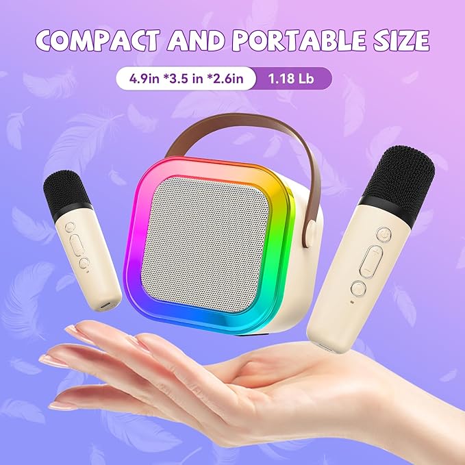 【2025 Newest】 Mini Karaoke Machine for Kids Girls & Boys - Portable Bluetooth Speaker with 2 Wireless Microphones - Kids Birthday Gifts for Ages 4-10 - Kids' Instrument Accessories - Beige