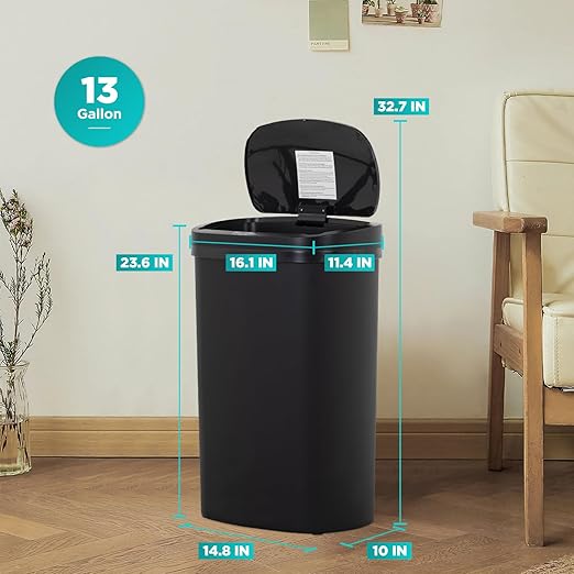 BestOffice | 13 Gallon Trash Can with Lid | Automatic Touchless Garbage Can | Odor Control | Modern Oval Design | Easy to Clean | Plastic | Black | Fits Any Kitchen, Bathroom, Office or Home