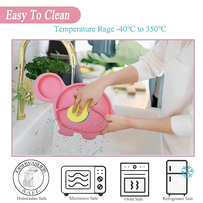 Silicone Suction Plate spoon fork sets for Toddlers,Divided Plate Dish Placemat Bowl for Baby Kids Infant Self Feeding Training,Fits Most Highchairs, BPA Free Microwave Dishwasher Safe-Pink