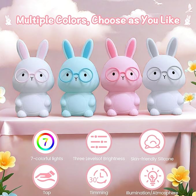 Bunny Night Light for Kids, Soft Silicone Nursery Lamp, 7-Color Glow, 3-Level Dimmable Warm Light, Tap Control, 30Min Timer, Rechargeable, BPA-Free, Easter & Birthday Gift, Baby Room Decor, Pink