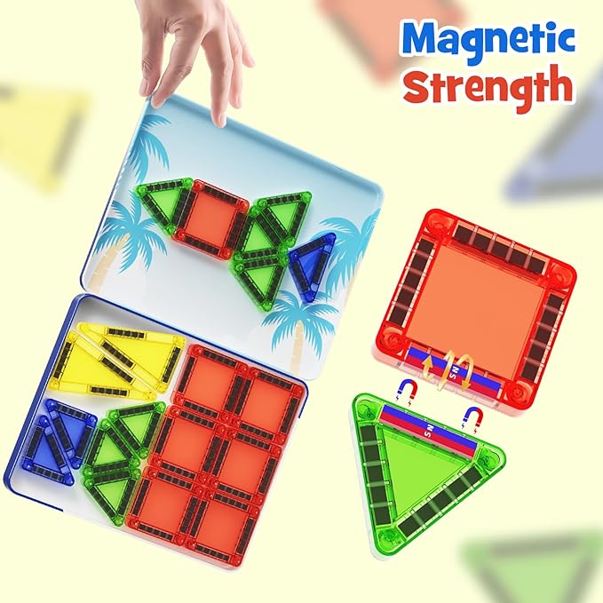 Magnetic Tiles Mini Building Blocks STEM Toys for 3-8 Year Olds,Travel-Friendly Set with Storage Iron Box,Educational Construction Playset for Toddlers,Birthday Gift for Boys & Girls
