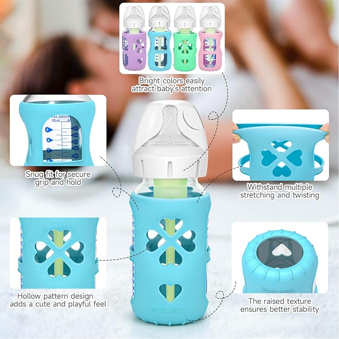 MORLIKE 4 Pack Silicone Sleeves Fit for 9 oz/270 mL Dr. Brown's Wide Neck Glass Baby Bottle, 100% Silicone Covers Protect Baby Glass Bottle, Easy to Grip Bottle Holders for WB93703-WEB WB91700-P4