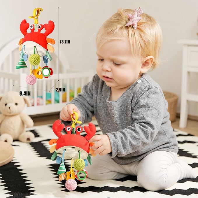 Carseat Toys Hanging, Crab Stroller Toy with Clamp,Plush Pull String Sensory Rattle,Built-in Bell, Rattle,Squeaky,Mirror for Infant,Babies Gift 0-3-6-12 Months Boy Girl