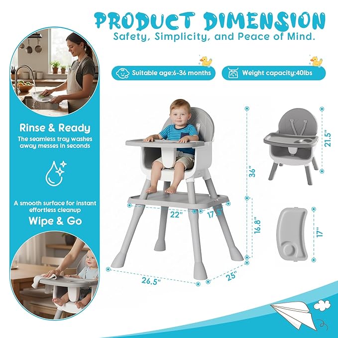 6 in 1 Baby High Chair, Convertible Highchair for Babies and Toddlers (Grey)