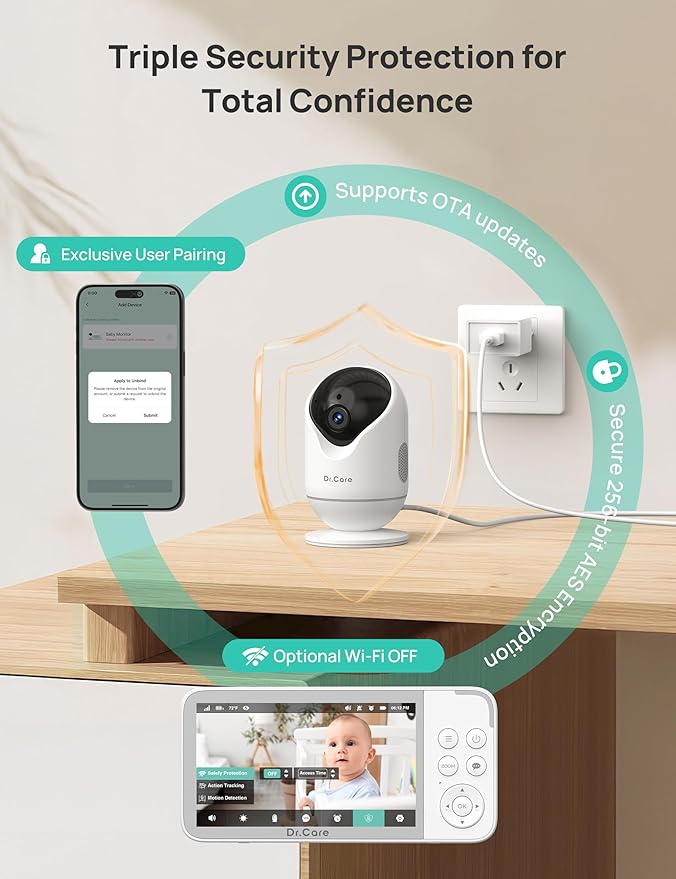 Dr.Care VistaView Smart WiFi Baby Monitor with 2 Cameras- 5” 1080P Split Screen & 2K Camera App Control, Cry & Motion Alerts, Night Vision, 5000mAh Battery, 2-Way Talk, Triple Security, 1279ft Range